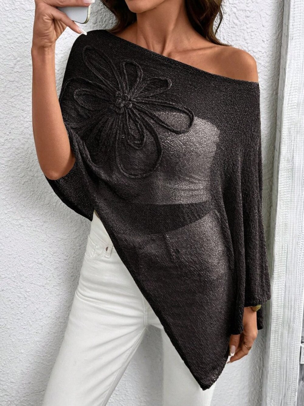 Black Casual Women's Asymmetric Embroidered Poncho Style Loose Knit Sweater